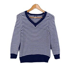 J. Crew V-Neck Pullover Sweater Womens XS Navy Stripe Long Sleeve Classic Preppy